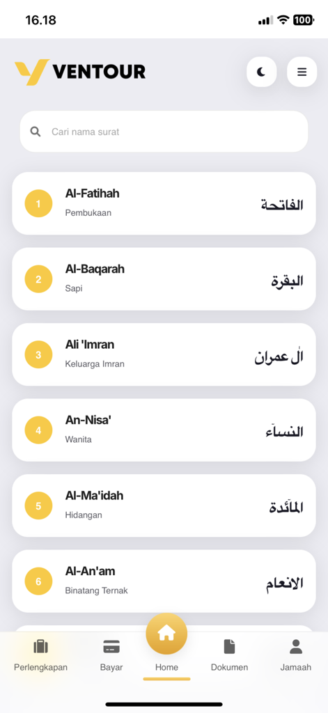 Ventour Mobile - List of Quran surahs in the Ventour Mobile app interface