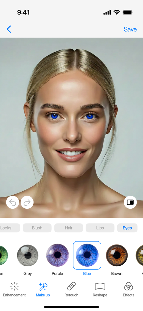 Faceon: Photo Editor & Effects - Interface of Faceon app showing eye color change feature with blue eyes selected for a portrait
