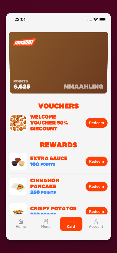 Mmaah! - Eat Korean - Digital loyalty card and rewards screen in the Mmaah app showing points and vouchers
