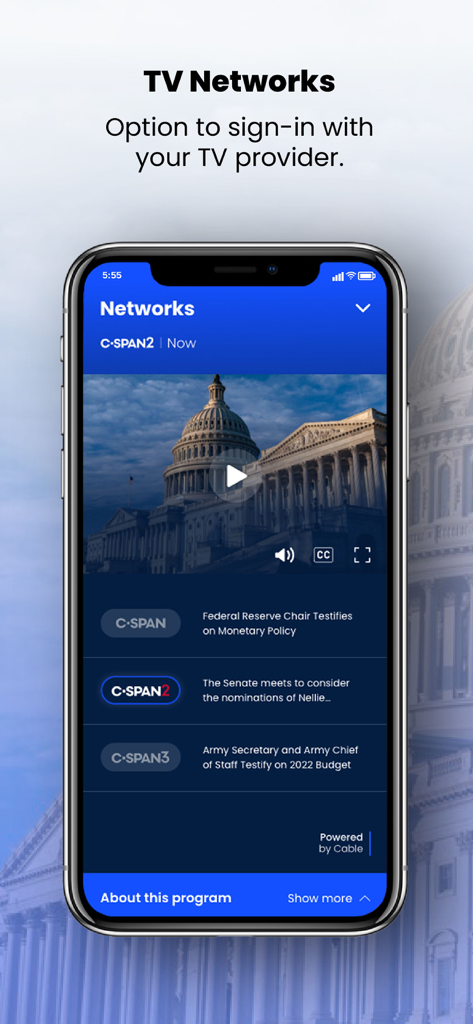 C-SPAN Now - 議会公聴会や政治イベントのライブTVネットワークを表示するC-SPAN Nowモバイルアプリ画面。