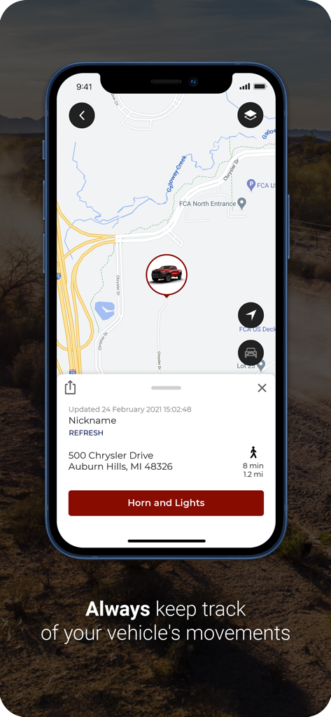 RAM® - RAM app interface showing a truck location on a map for vehicle tracking