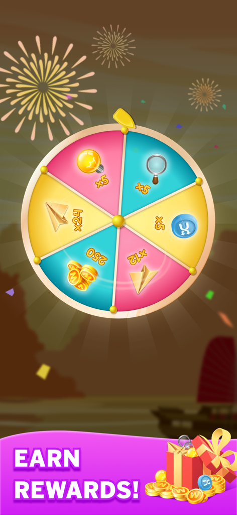 Word Blast: Search Puzzle Game - 코인과 퍼즐 힌트와 같은 보상을 보여주는 Word Blast 게임의 다채로운 럭키 스핀 휠