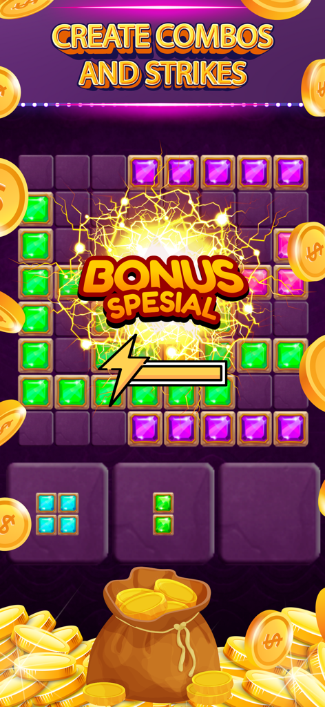 Block Puzzle Win Real Money - ボーナスの特別なテキストと金貨が表示されたブロックパズルゲームプレイ画面。