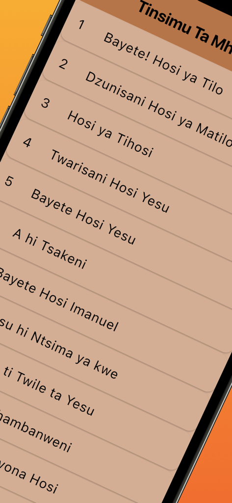 Tinsimu Ta Mhalamhala Hymns - Numbered list of Xitsonga hymns in the Tinsimu Ta Mhalamhala app
