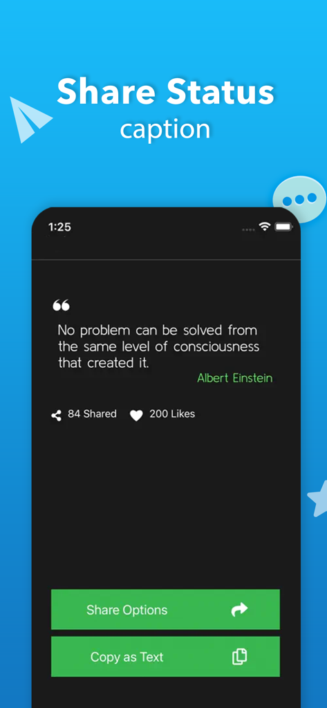 Whats plus+ - Whats plus app screenshot showing a status caption with an Albert Einstein quote and sharing options