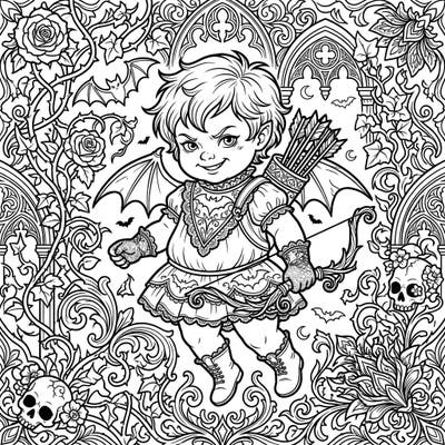 Dive into a world where romance meets the macabre with this unique Gothic Baby Cupid coloring page. Perfect for teens, this intricate design features a mischievous cherub surrounded by dark, ornate details like skulls, bats, and Victorian roses.
