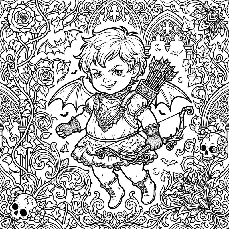 Dive into a world where romance meets the macabre with this unique Gothic Baby Cupid coloring page. Perfect for teens, this intricate design features a mischievous cherub surrounded by dark, ornate details like skulls, bats, and Victorian roses.
