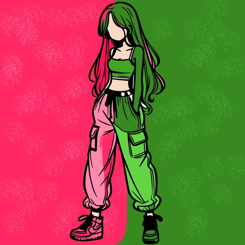 girl in baggy pants crop top and long hair