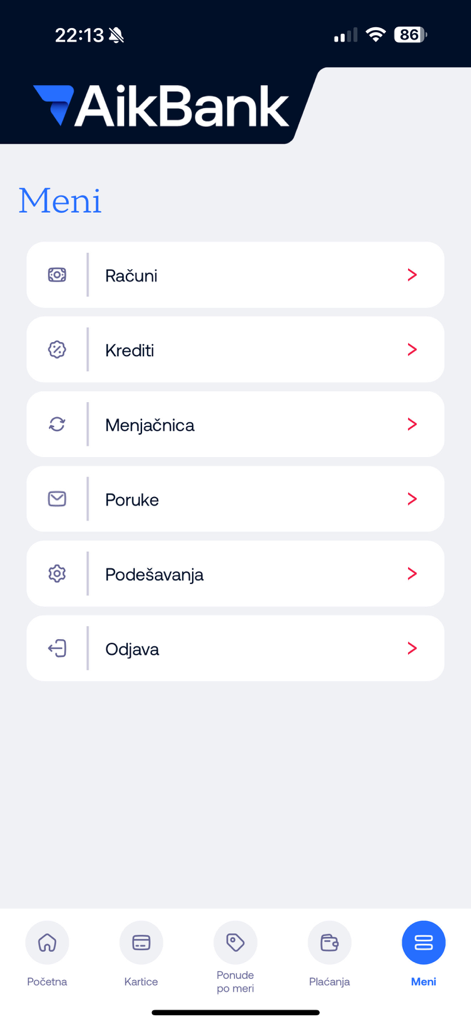 L'écran principal de l'application mobile Aik mBanking affiche les options bancaires telles que les comptes et les paiements.