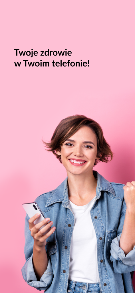 A smiling woman holding a smartphone with Polish text saying your health on your phone