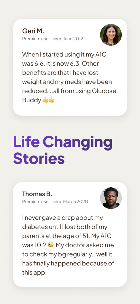 User testimonials for Glucose Buddy showing A1C and weight loss progress