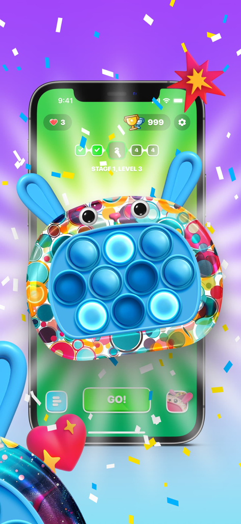 Juguete fidget pop it 3D con forma de conejo en la pantalla de un juego móvil con confeti de colores