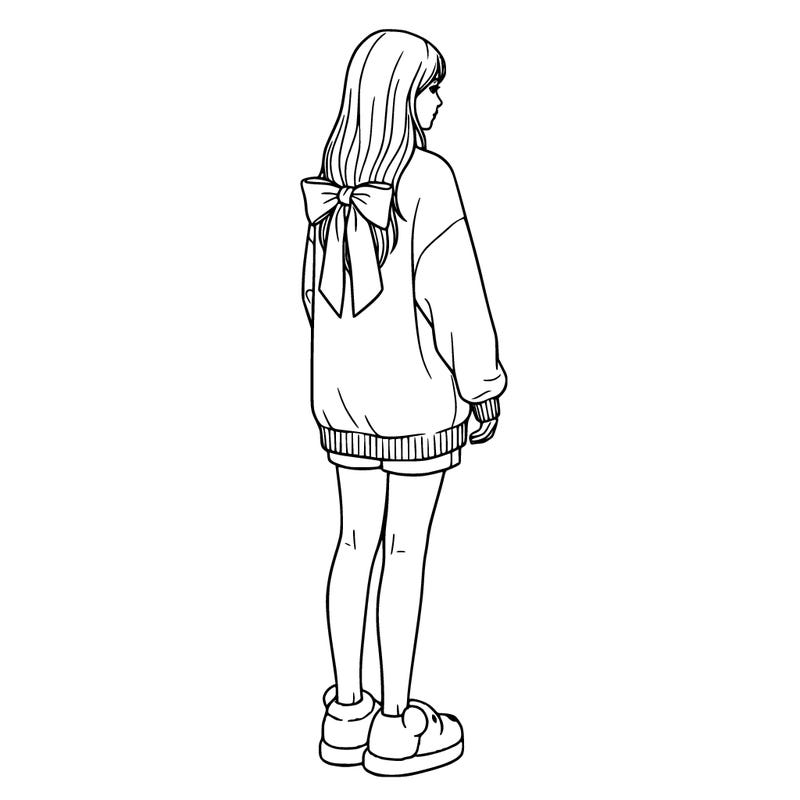 a pretty girl with straight hair, a sweater with a bow, bear slippers, and shorts