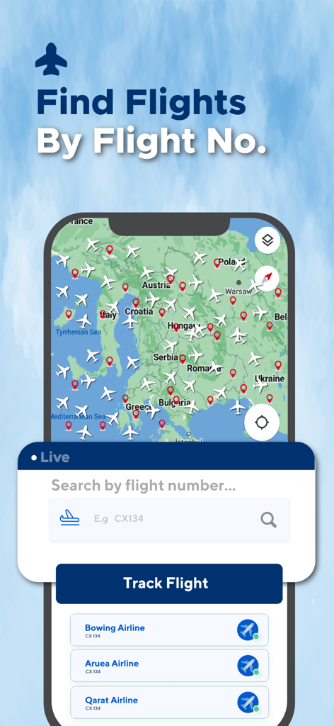 A mobile app interface showing a search bar to find flights by flight number over a live radar map background