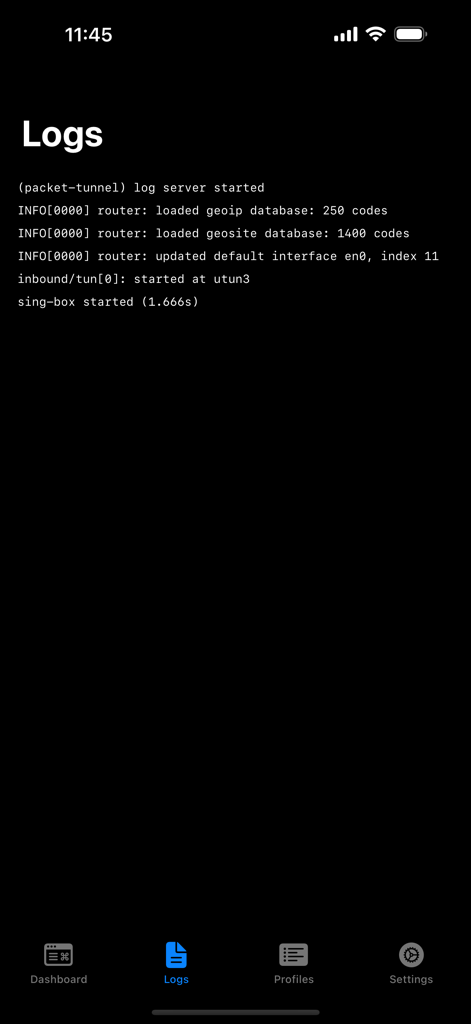 sing-box VT - sing-box VTアプリのログビュー。技術的なネットワーク構成とステータス詳細が表示されています。