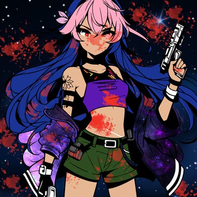bad girl wearing crop top holding a gun long hair anime