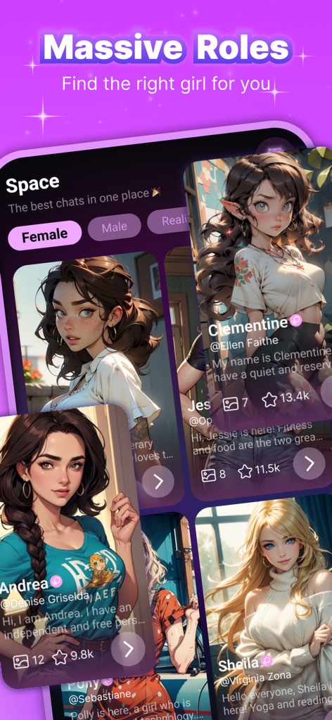 Mobile App-Oberfläche mit mehreren KI-Charakterprofilen von Frauen mit Anime-Art und Namen wie Clementine und Andrea.