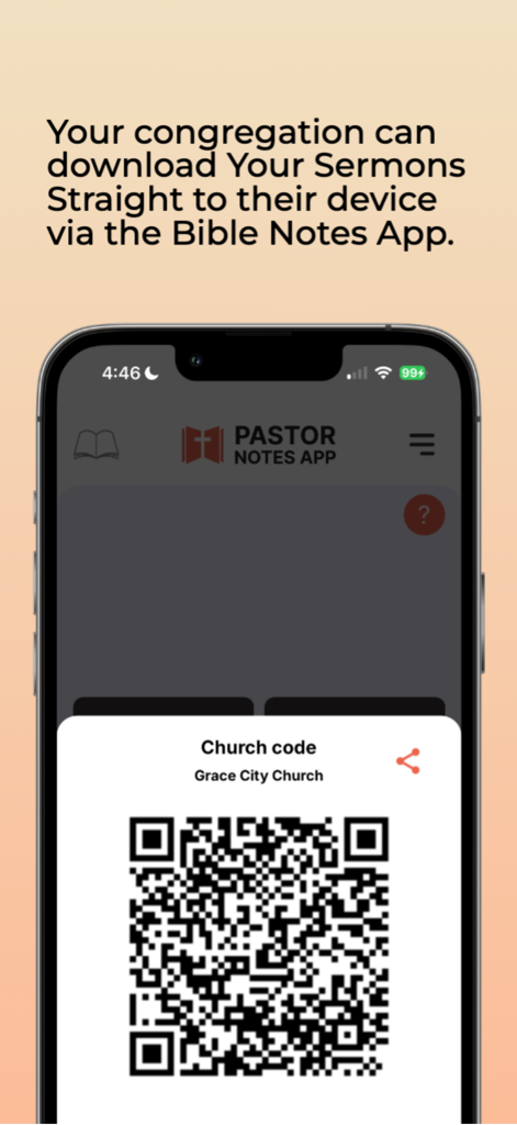 Pastor Notes App - Smartphone screen showing a QR code for congregational sermon sharing through the Pastor Notes App