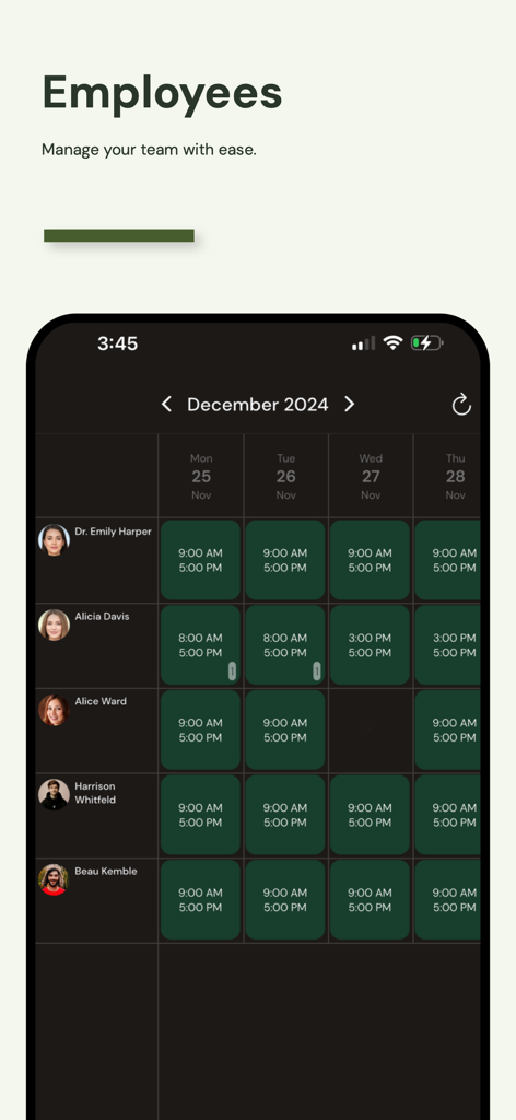 Ovatu - Ovatu app interface showing employee shifts and team management calendar