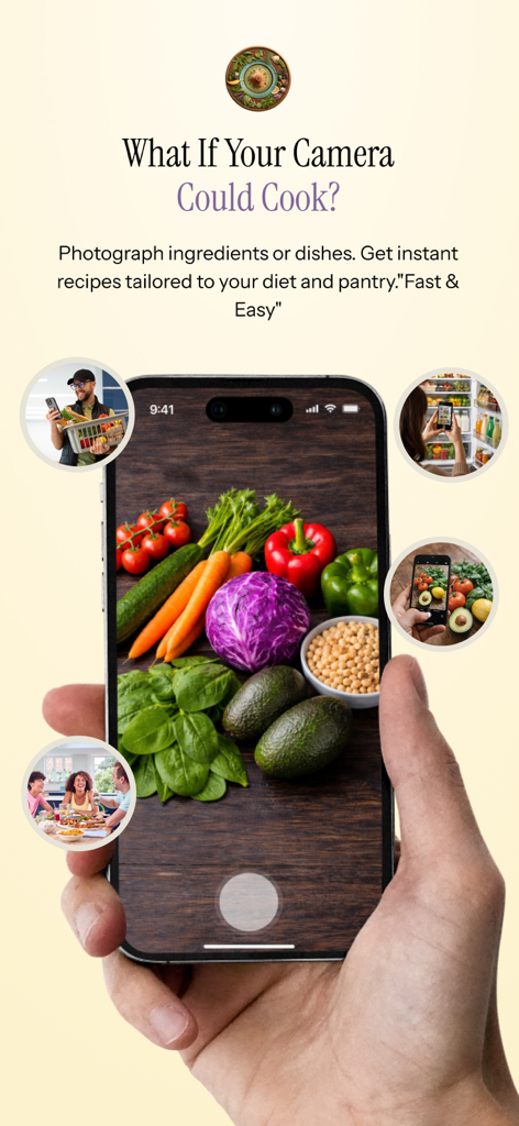 Recipe Roulette - A smartphone using the Recipe Roulette app camera to scan fresh vegetables for instant recipe generation
