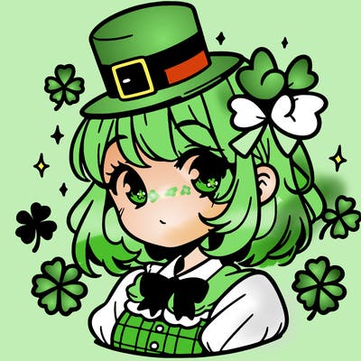 a manga-style girl with clovers around her, a little hat in her hair, like it's saint patrick's day
