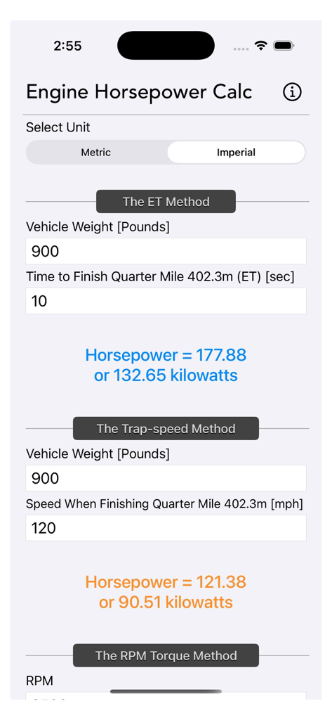 Interface of the Engine Horsepower Calculator app showing ET and Trap speed calculation methods with sample results