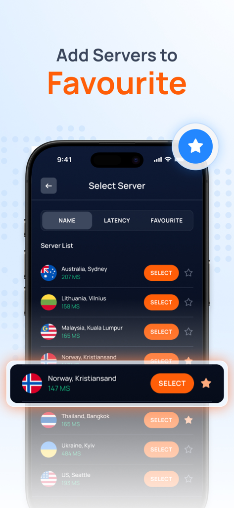BVPN app server selection screen showing a list of global servers and the favorite feature