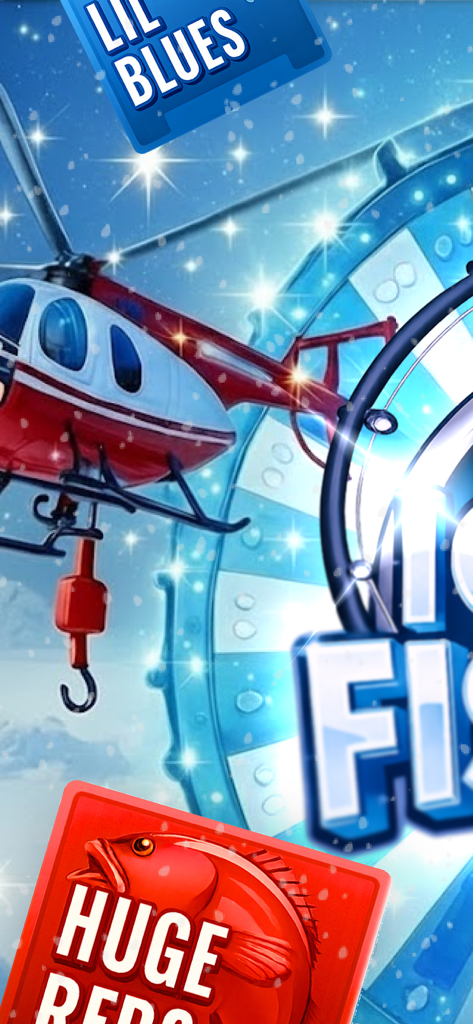 Ice Fishing - Grafica promozionale per l'app Ice Fishing con un elicottero rosso e badge per diverse dimensioni di cattura.