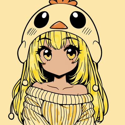 anime girl with chick shaped hat with sweater with bare shoulders with bangs covering them one eye with low tail