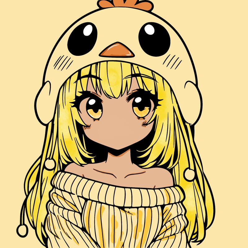 anime girl with chick shaped hat with sweater with bare shoulders with bangs covering them one eye with low tail