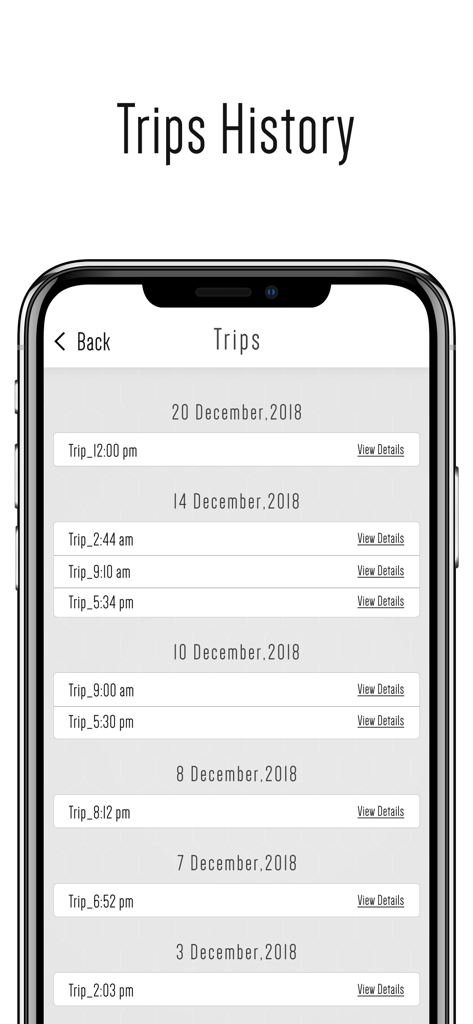 Interfaz de la aplicación Velocímetro GPS mostrando una lista de viajes registrados con fechas y horas