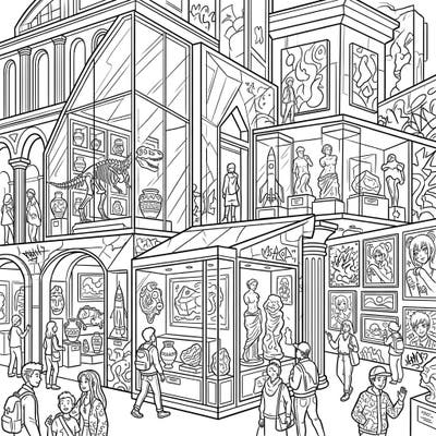 Dive into an exciting museum adventure with this detailed coloring page designed specifically for teens. Explore diverse exhibits, from ancient dinosaurs to modern art, and bring them to life with your unique color palette.