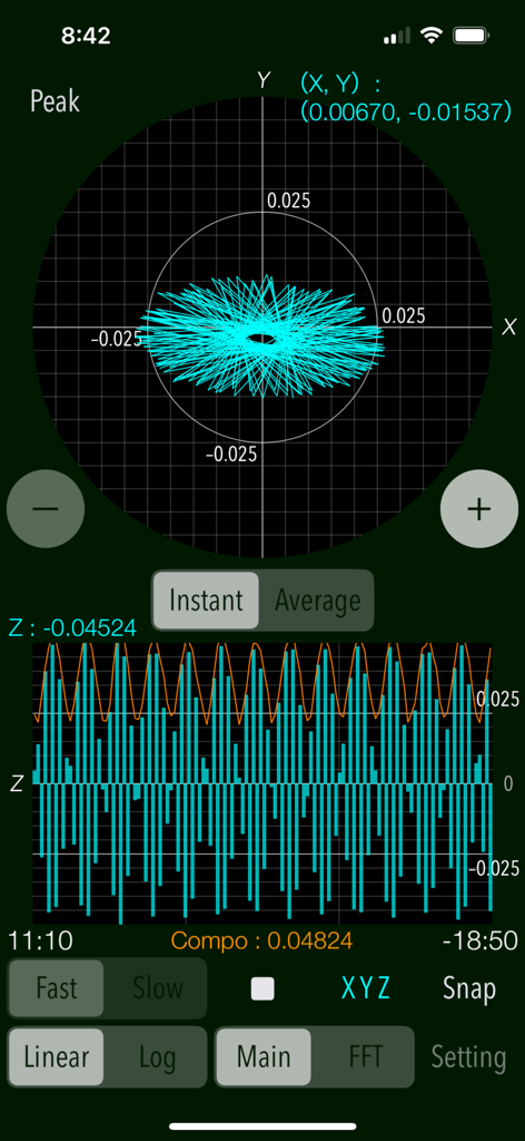 Vibroscope - Vibroscope app interface showing real time vibration acceleration data with X Y vector plane and Z axis waveform graphs