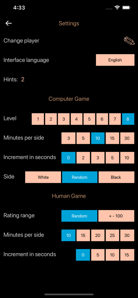 Interfaz de configuración de la aplicación Lite lichess mostrando opciones de juego contra ordenador y humano