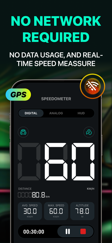 Digital speedometer app interface displaying real time speed and trip statistics with a no network required headline