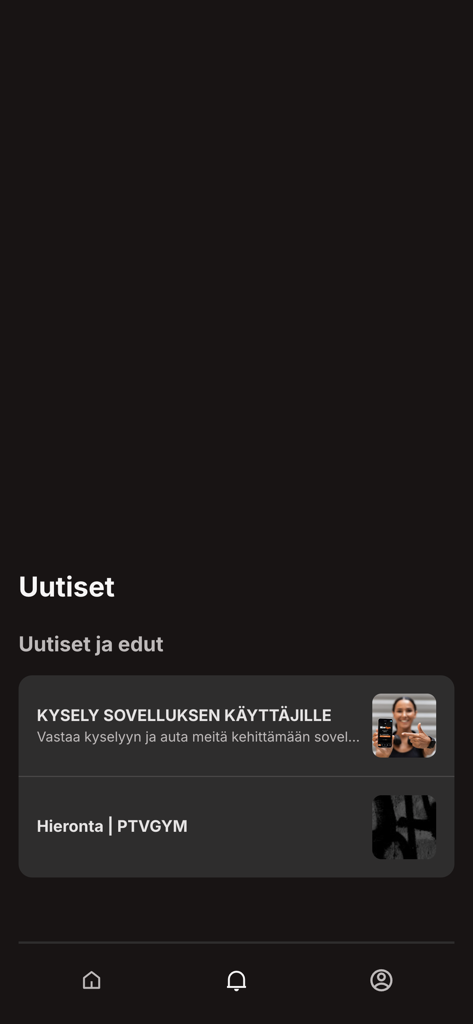 PTV Gym - The news and benefits screen of the PTV Gym app showing member bulletins like user surveys and massage services.