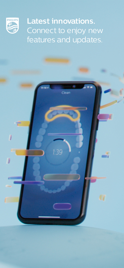 Smartphone screen displaying the Philips Sonicare app with a 3D mouth map and brushing timer