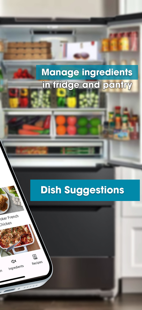 Mobile app interface for managing kitchen ingredients and discovering new recipes based on fridge contents