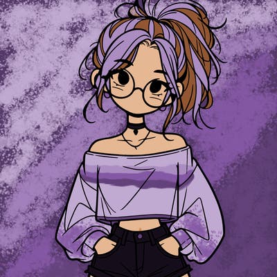 girl with a messy ponytail glasses a baggy crop top and jean shorts