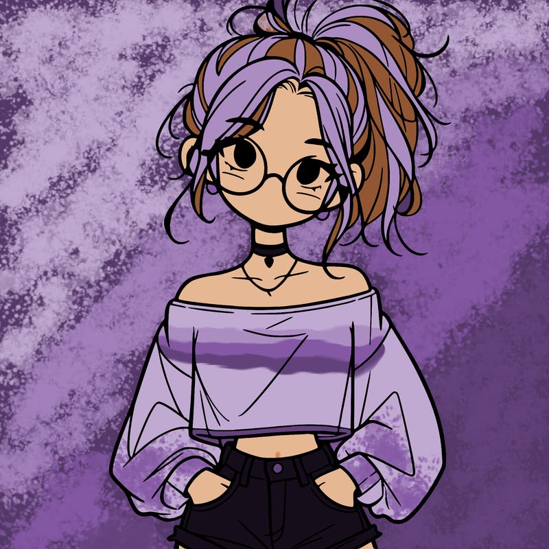 girl with a messy ponytail glasses a baggy crop top and jean shorts
