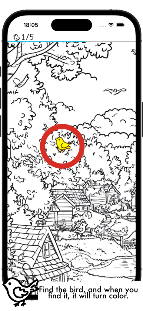 Tela de jogo para celular mostrando uma ilustração monocromática com um pássaro amarelo encontrado e circulado.