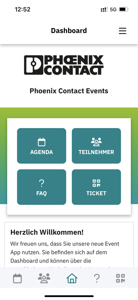 PHOENIX CONTACT Events - Dashboard der PHOENIX CONTACT Events App mit Navigationsschaltflächen für Agenda, Teilnehmer, FAQ und Tickets.