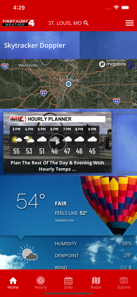 First Alert 4 Weather - First Alert 4 Weather app home screen showing St. Louis radar map and hourly weather forecast