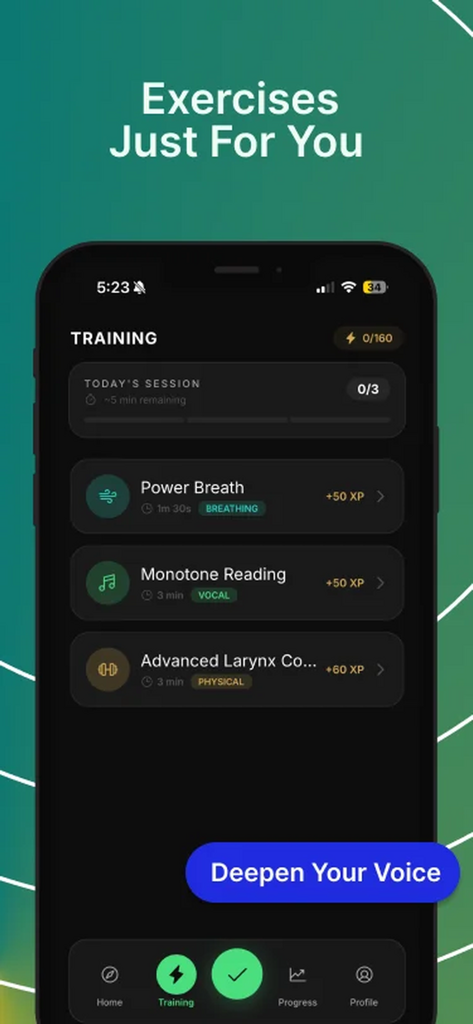 DEEPR - Deep Voice Training - Interfaz de la aplicación DEEPR que muestra ejercicios vocales personalizados para la respiración y la resonancia vocal