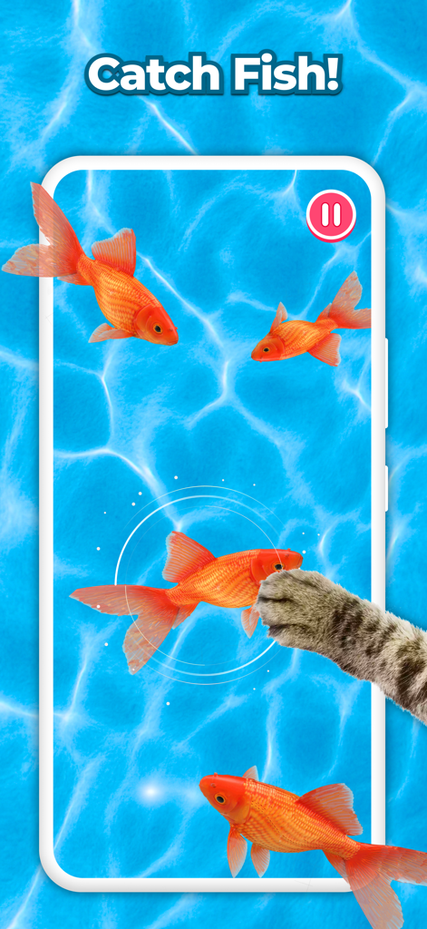 Une patte de chat tapotant un poisson rouge virtuel sur l'écran d'un smartphone dans l'application CatPlay