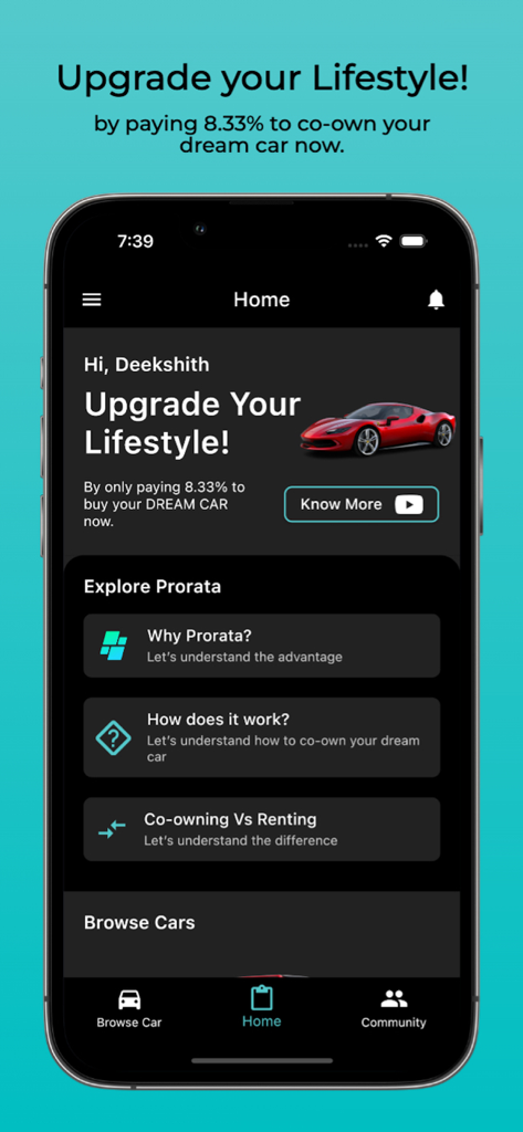 Prorata: Co-Own Your Dream Car - Prorata mobile app home screen displaying fractional car ownership and lifestyle upgrade options