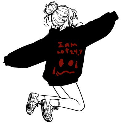 realistic girl jumping with a bun and oversized sweatshirt