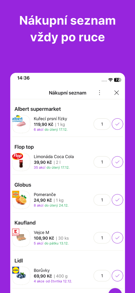 Kupi.cz - Rádce před nákupy - Mobile app interface of Kupi.cz showing a smart shopping list with grocery items and prices from various retail chains