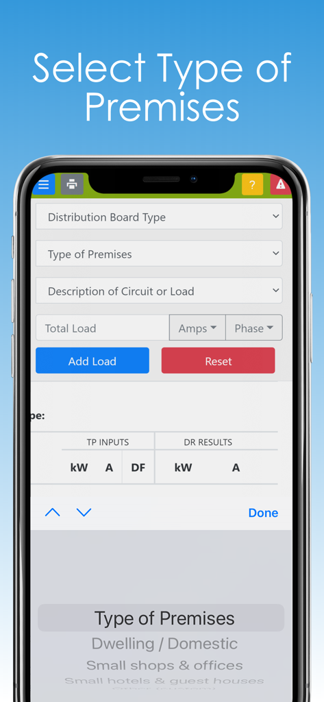 Interface of the Diversity Calculator app showing the premises type selection menu for electrical load calculations