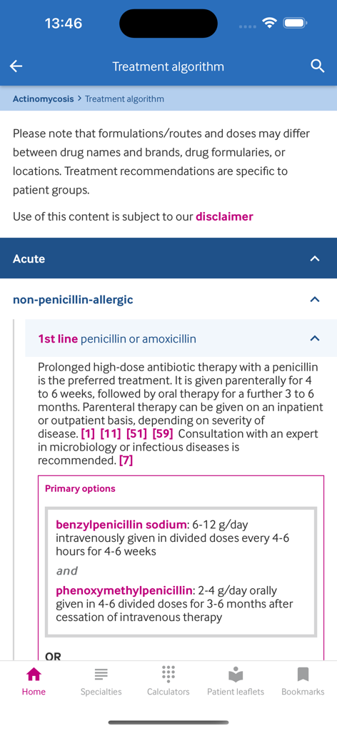 BMJ Best Practice - BMJ Best Practice app showing a treatment algorithm for Actinomycosis with clinical dosage recommendations